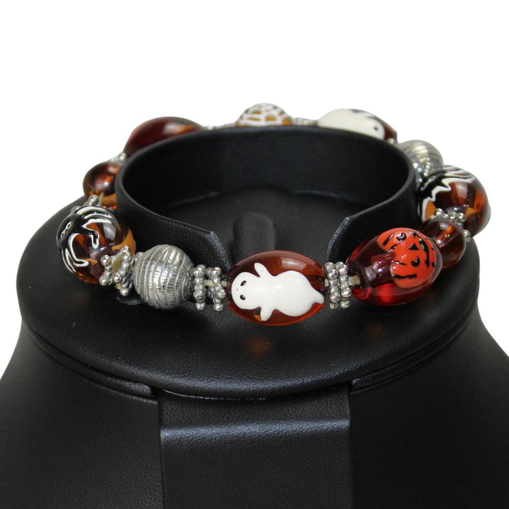 Halloween Bracelet Spooky Night Orange Pumpkin Ghost Spider Beaded Stretch Woman